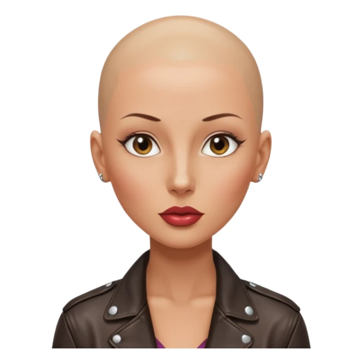 Gorgeous woman shiny , shaved half head no eyebrows leather jacket Alluring m wide nose bald head big glossy lips sticker