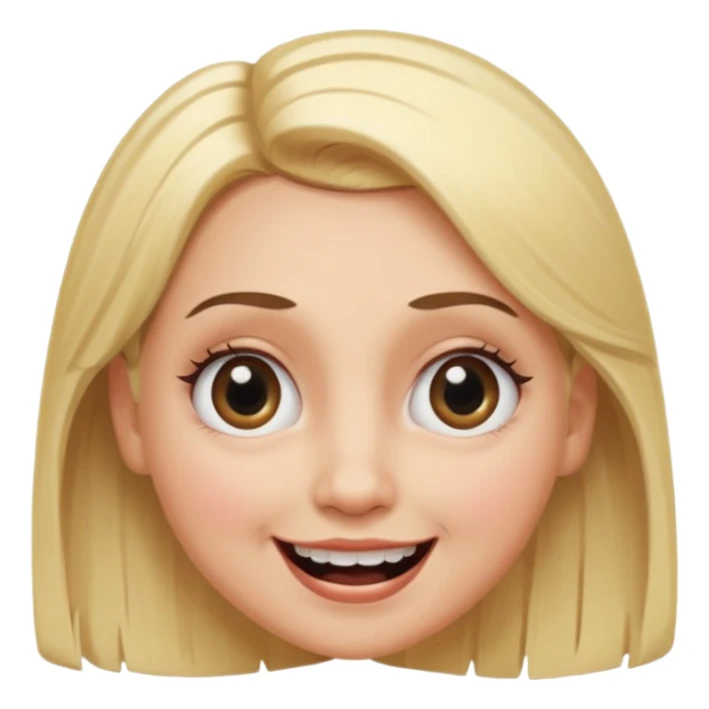 Lady smiling with no teeth, blonde dyed hair, laminated eyebrows, eyes with lashes, eyes wide,looks scared but still smiling, big cheeks, she looke scared sticker
