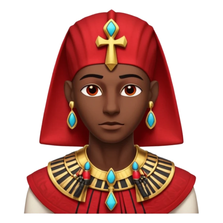 gothic ancient Egyptian character portrait, head and shoulders only, red and black color theme, pharaoh collar, ankh symbols, dark red royal fabric, Egyptian jewelry, mysterious expression, dramatic lighting, 3D cartoon, mobile game icon style, clean background, no text, no watermark
 sticker