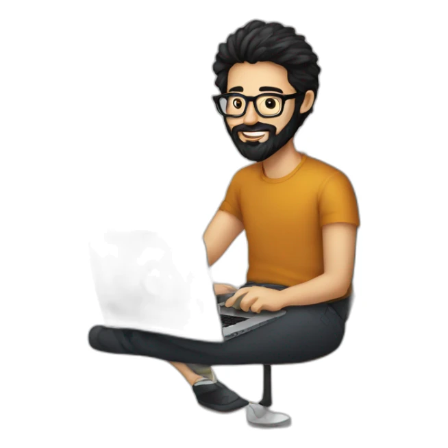 Designer with black hair, beard and glasses working with MacBook and drinking cappuccino  sticker