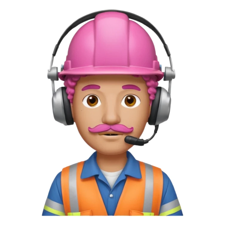 construction worker with pink curly hair and protective headphones and mustache sticker