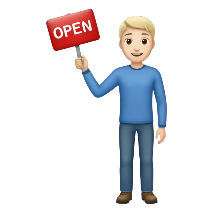 man holding up an open sign, full body sticker