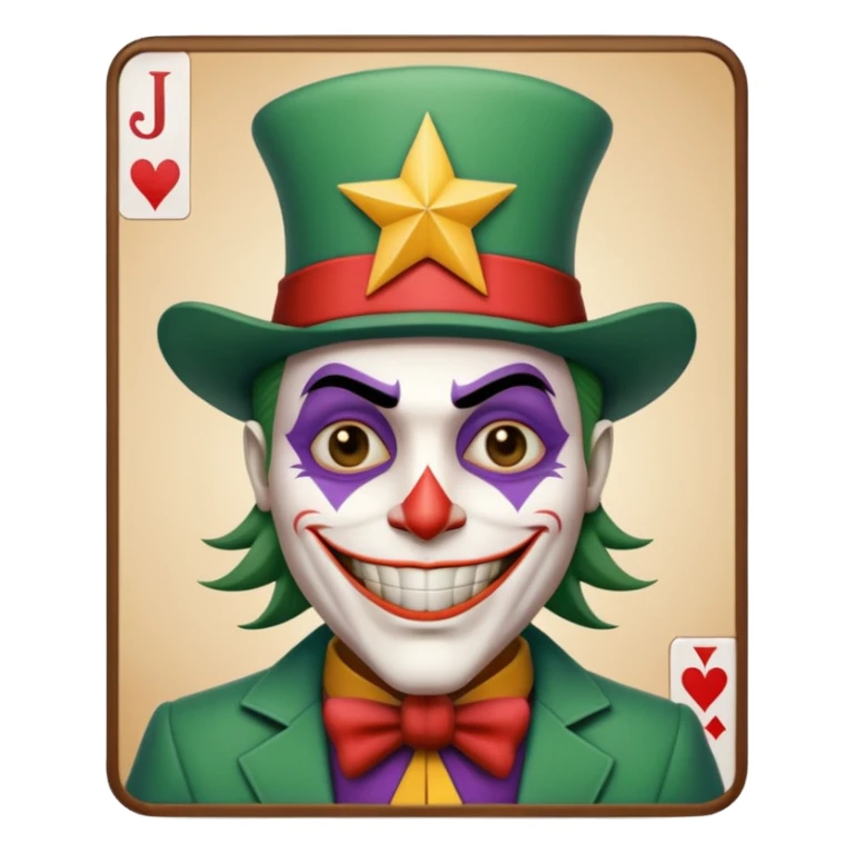 1 poker card, perfectly squared card, with crazy colorful human jolly joker inside, star symbol with a "J" sticker