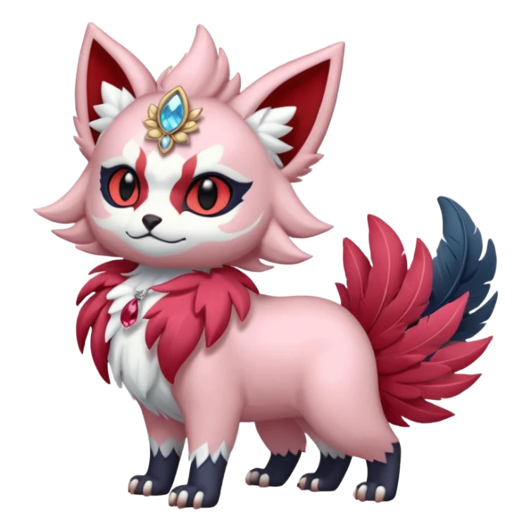 Floral feathery pastel pink and ruby-jewelry-adorned Absol-Litten-Amaura-fusion-Fakemon-animal-creature  sticker