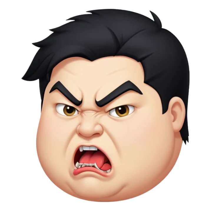 chubby young angry man in profile view with black hair, sharp fangs, crossed eyes, exaggerated long tongue sticking out sticker