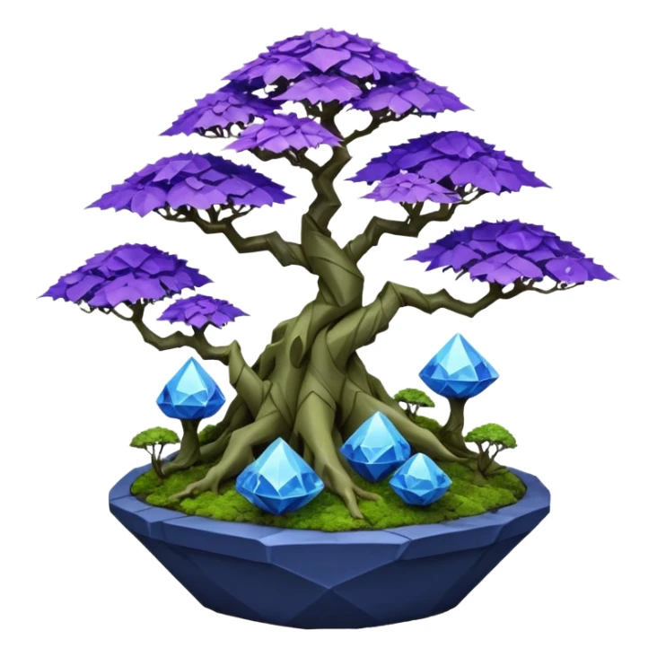 Futuristic wild glowing alien moss maples Bonsai hair-fine-leaf group multi faceted intricate crystal boxwood purple rose blue informal rocky cliffhanger eight trees forest planting in shallow origami slab style pot with big anthropomorphic feet  sticker