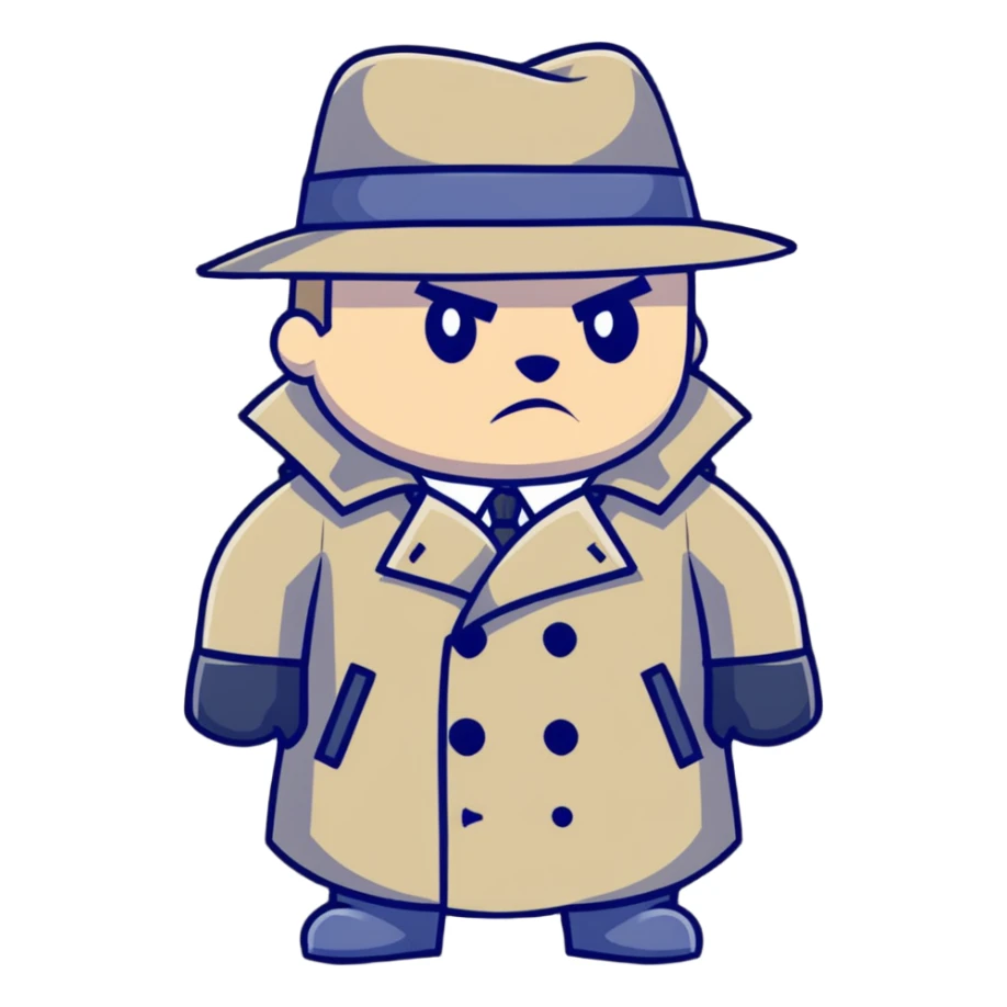 cartoonish spy Штирлиц in a trench coat and hat, looking serious sticker