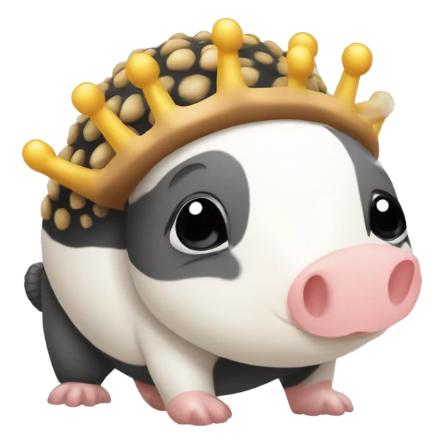 Black and white piebald chubby round armadillo pig panda centipede armadillo wearing a crown sticker