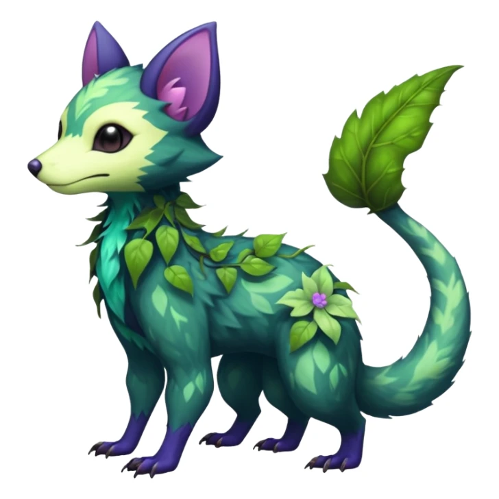 Realistic Sharp mossy elemental ivy floral detailed Colorful translucent luminescent glowing Trico-Noibat-batty-Sergal-Furret-Ferret-Wolverine-Vernid-furry-fursona-fusion-Fakemon-animal-hybrid-creature, full body sticker