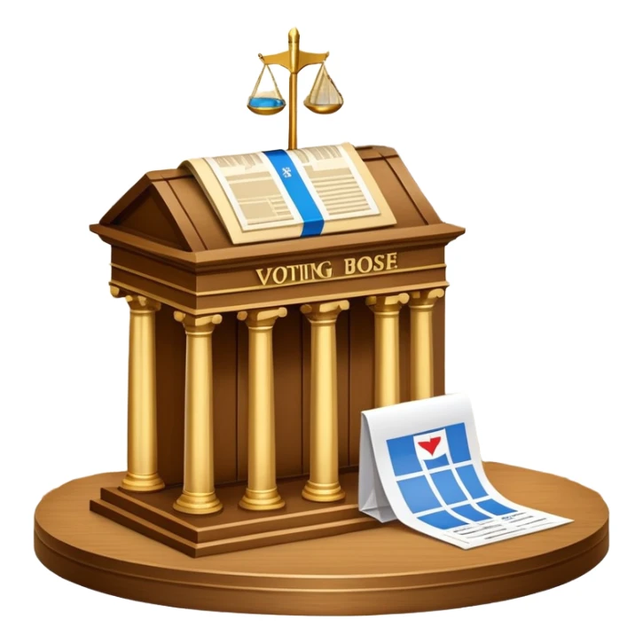 An icon featuring a ballot box with a voting paper, a government building with columns, and a scale of justice, symbolizing political science. The design includes a world map in the background, representing global political systems. Transparent background highlights governance and civic studies. sticker