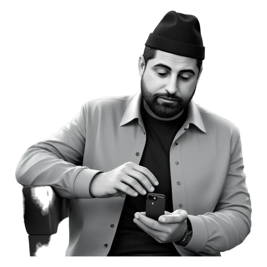 monochrome male portrait with hat sticker