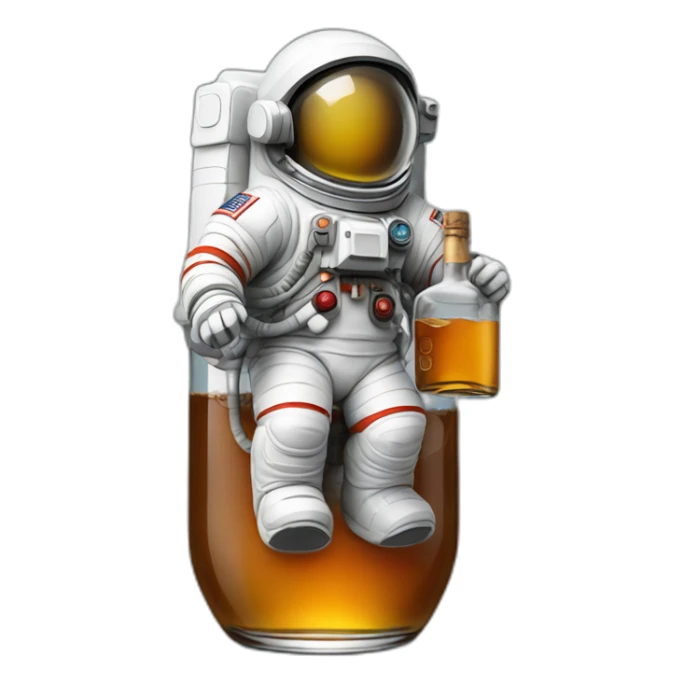 Astronaut with helmet closed floating on a whiskey bottle sticker