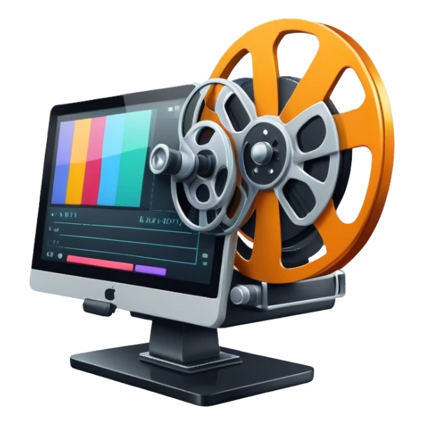 Create a vibrant and modern icon representing Animation and Motion Design, featuring elements like a film reel, a computer screen, dynamic motion lines, and a cinematographic film strip on an editing table. The design should be colorful, and dynamic, without any emojis. The background's transparent. sticker