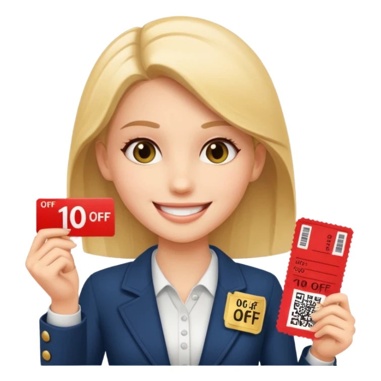 make a elegant girl with a ticket in her hand that says 10 precent off, sticker