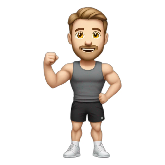Full height realistic Actively gesturing with hands Pale skinned Fit Man With the biceps and brown hair in dark gray Sleeveless Mike, black oversize sports shorts, watch and white Sneakers sticker