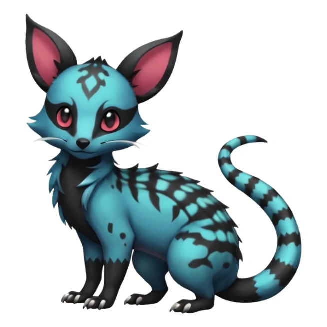 Rare beautiful pretty realistic handsome exotic cute epic aesthetic gothic colorful Salandit-Eevee-Civet-species-Fakemon-hybrid-creature, with markings, full body sticker