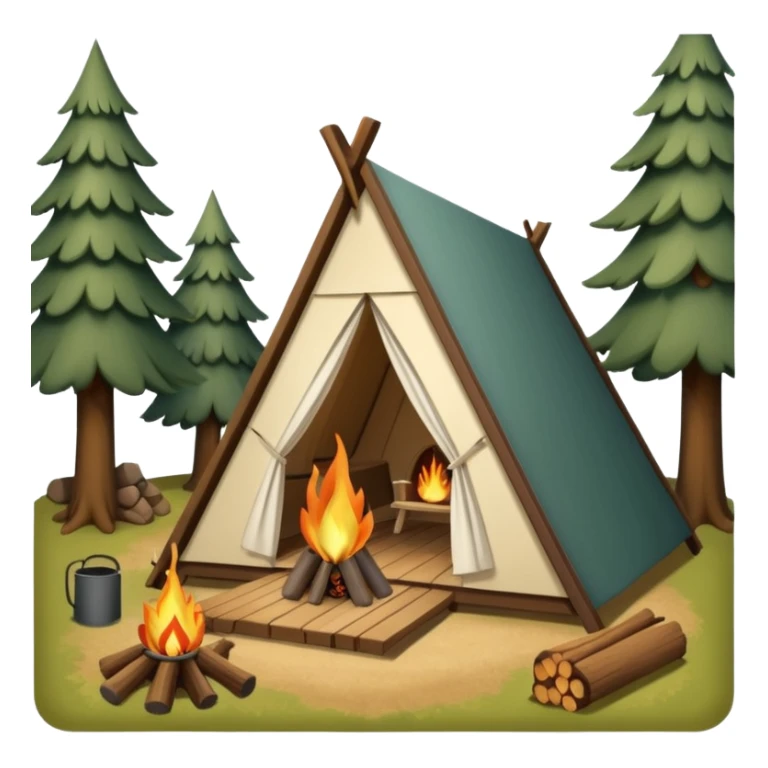 A-Frame house in a glamping setting, with trees and a campfire sticker