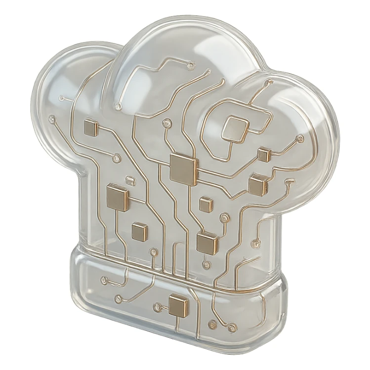 white chef hat, centered, red background, metallic circuit accents, glossy circuit style sticker