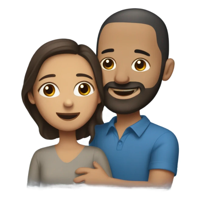 Brunette Puerto Rican with dark brown eyes wearing a cute blue blouse giving comforting hug to short, bald man with brown eyes, laugh lines, and a beard sticker