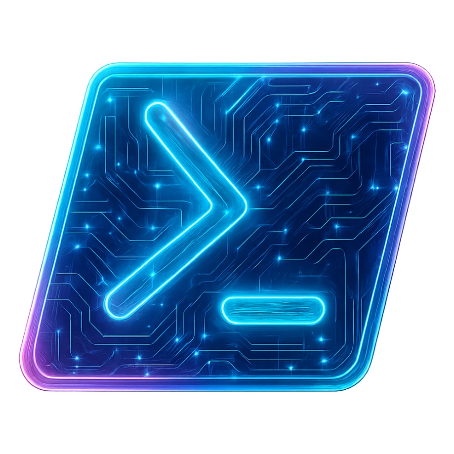 Transform the Windows Powershell icon into a cyberpunk, holographic style with glowing neon blue and pink edges, circuit patterns throughout the entire icon, and a transparent background. Maintain the recognizable slanted rectangle and >_ symbol, overlaying neon and circuit effects in the same futuristic, clean style as previous cyberpunk icons. The whole icon should have a consistent cyberpunk glow and intricate circuit details in a futuristic, clean style. sticker