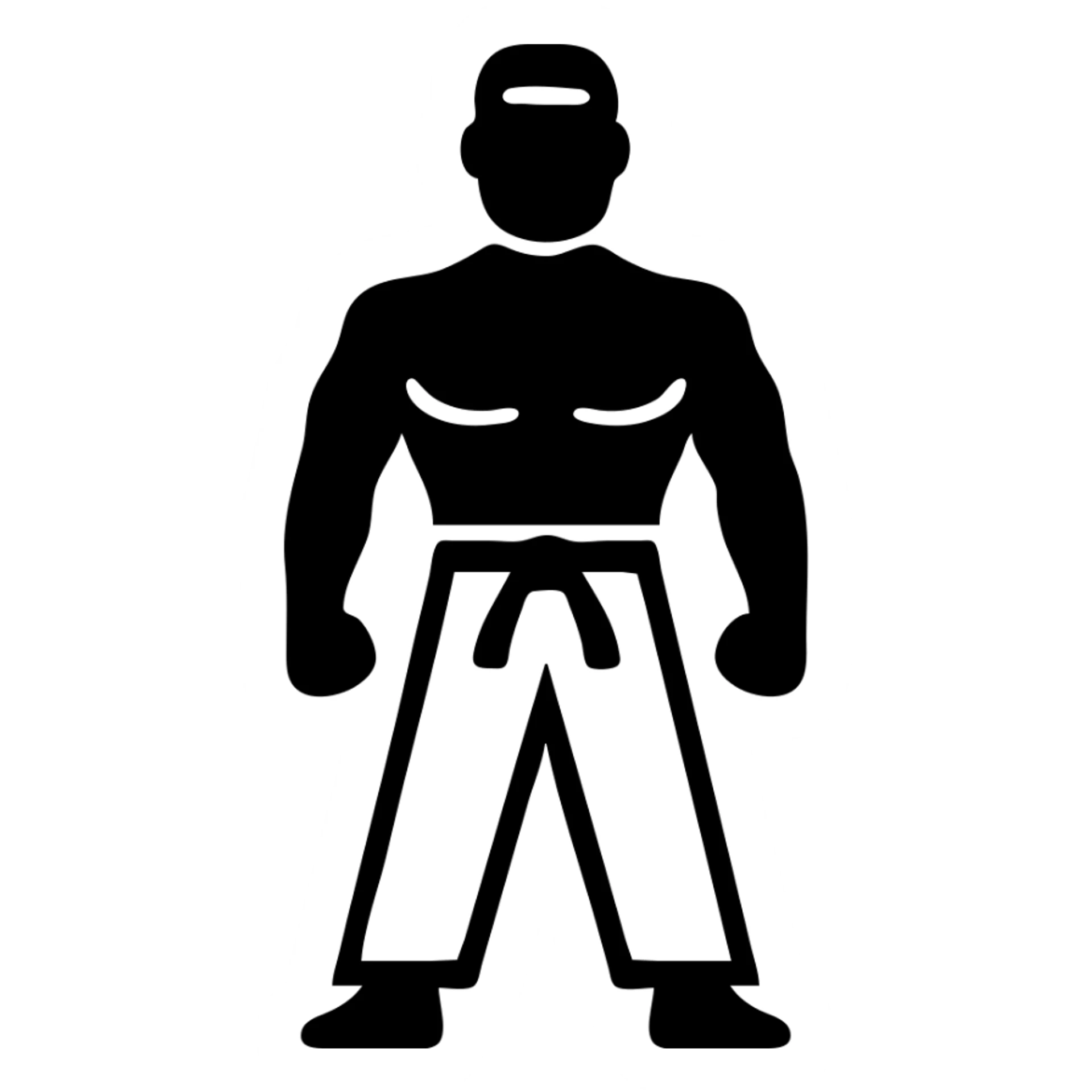 a strong, shirtless man in karate white pants, simplified icon style, standing tall sticker