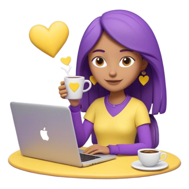 3D clay character relaxed with laptop and coffee, floating icons (envelope, heart, dollar), purple (#8B5CF6) outfit, bright yellow (#FBBF24) icons, white laptop, Pixar style, transparent background sticker