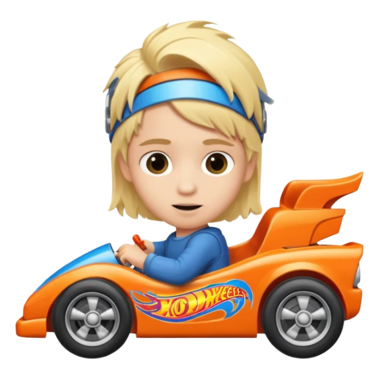 Kid with blonde hair driving a hot wheels sticker