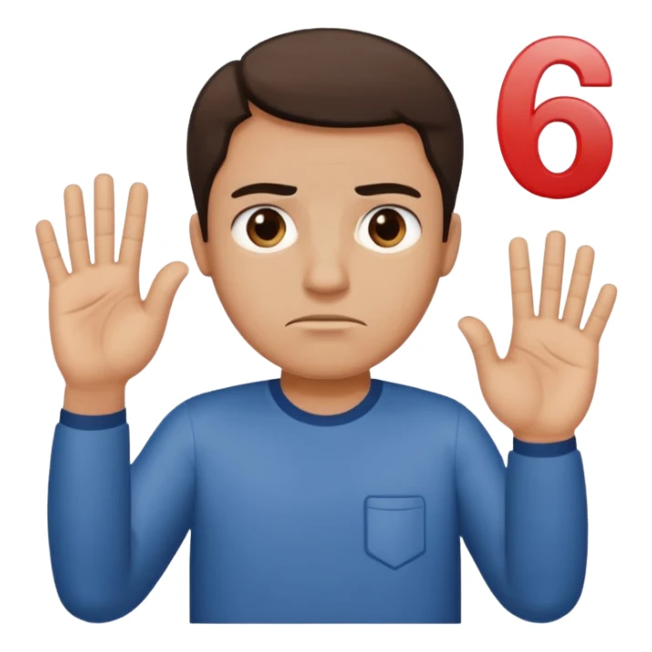 man frowning holding up numbers 6 in left hand and 7 in right hand sticker