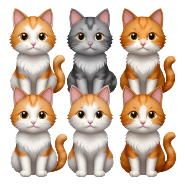 6 cats with different coloured coats, 2 are grey and white, 1 is grey with a little white, 1 calico, 1 brown tabby and white and one ginger and white sticker