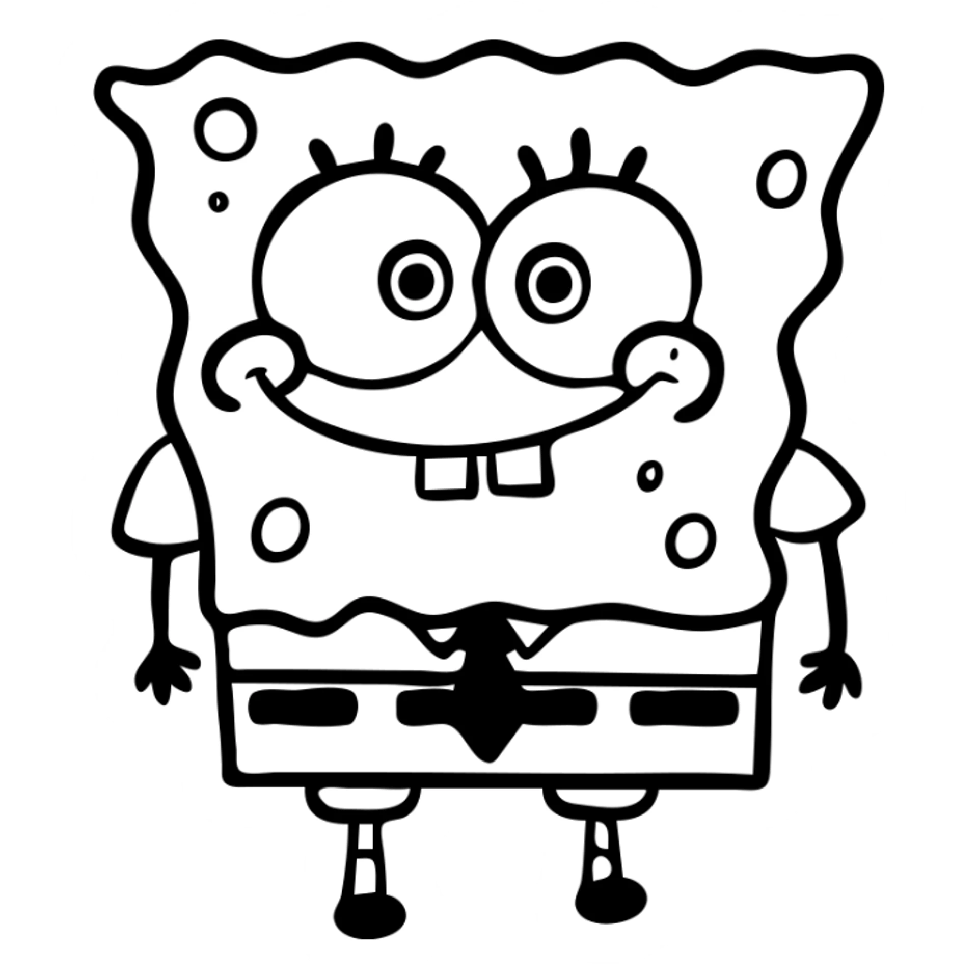 SpongeBob SquarePants, yellow square sponge character with big eyes, gap-toothed smile, wearing brown square pants, white shirt with red tie sticker