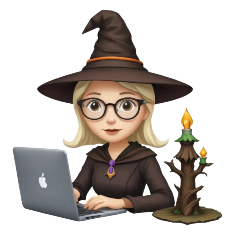 A female video editor wearing glasses, dressed like a witch with a pointed hat, sitting at a laptop editing a video, cinematic lighting, cozy creative studio, professional look, high quality, realistic sticker