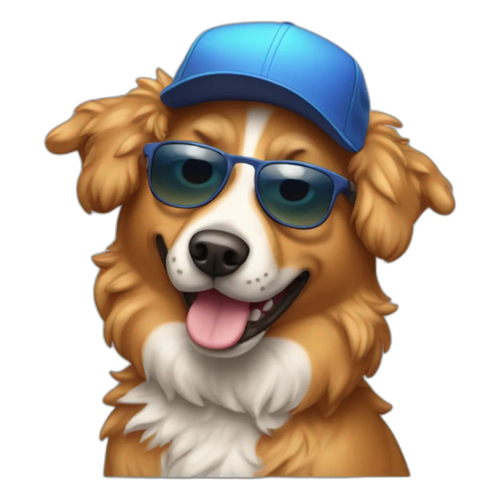Caramel stray Dog wearing baseball hat sunglasses and have a big curly hait sticker