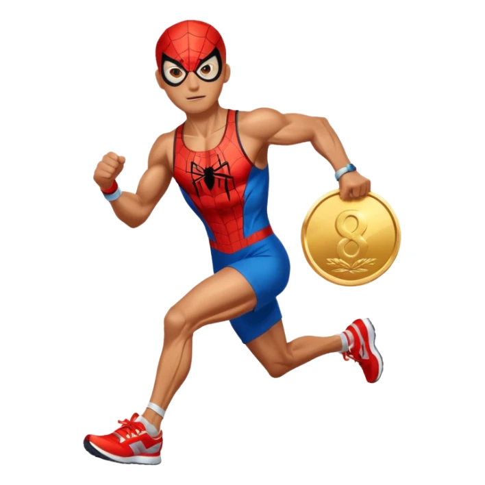 spiderman picking running a marathon with gold medal sticker