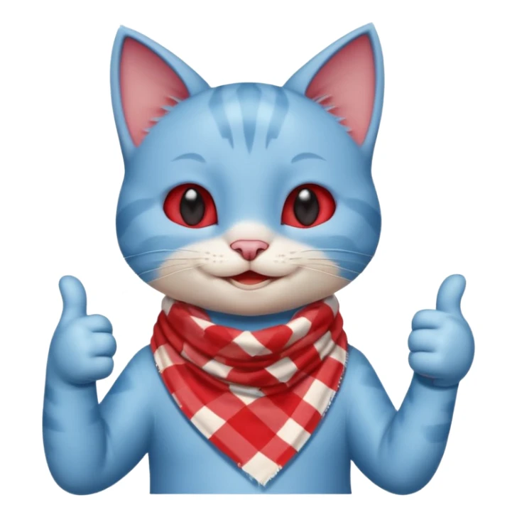 A Baby Blue Cat smiling and giving thumbs up, wearing red Checkered Triangle scarf sticker