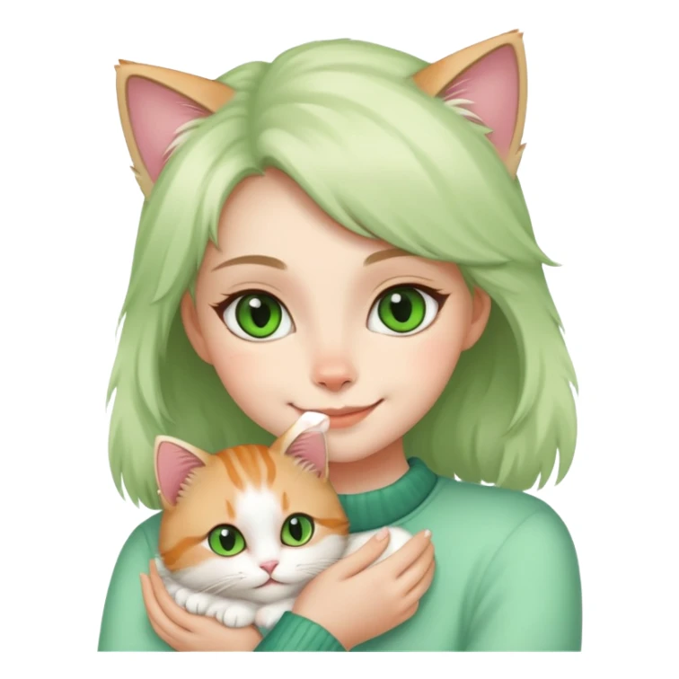 girl holding cat and smiling,cat’s eyes are green sticker