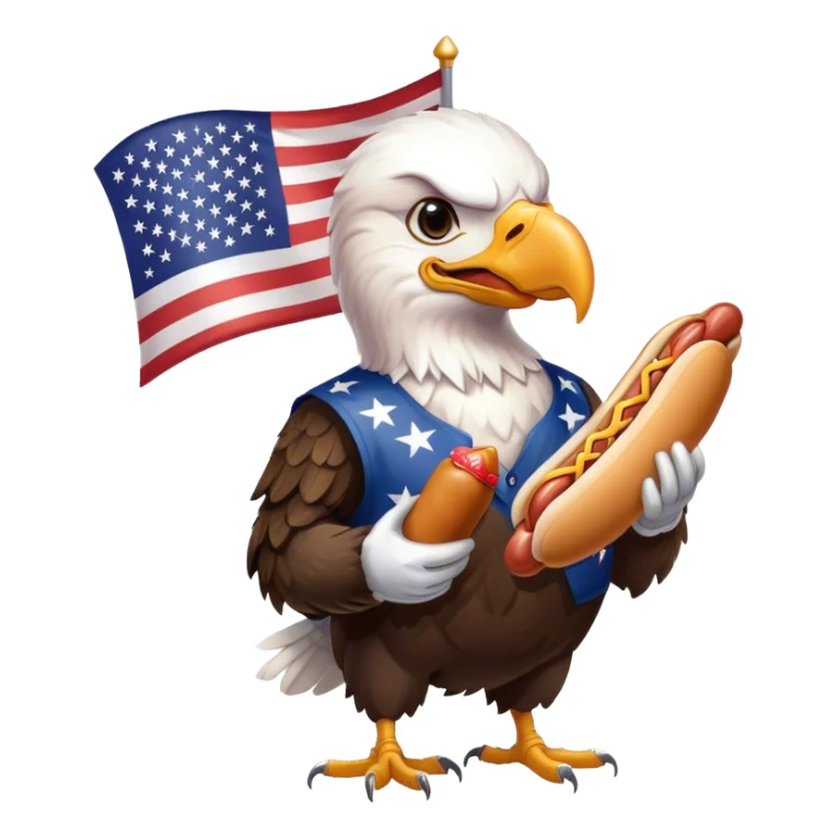 Bald eagle holding a baseball and a hot dog with an American flag in the background  sticker