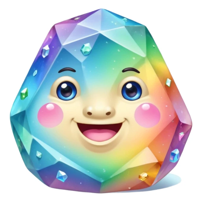 A single pastel rainbow crystal rock character, chubby and heavy with a chunky, irregular polygon shape,covered in faceted crystal planes and small chips, big glossy rainbow eyes and a small smiling mout sticker