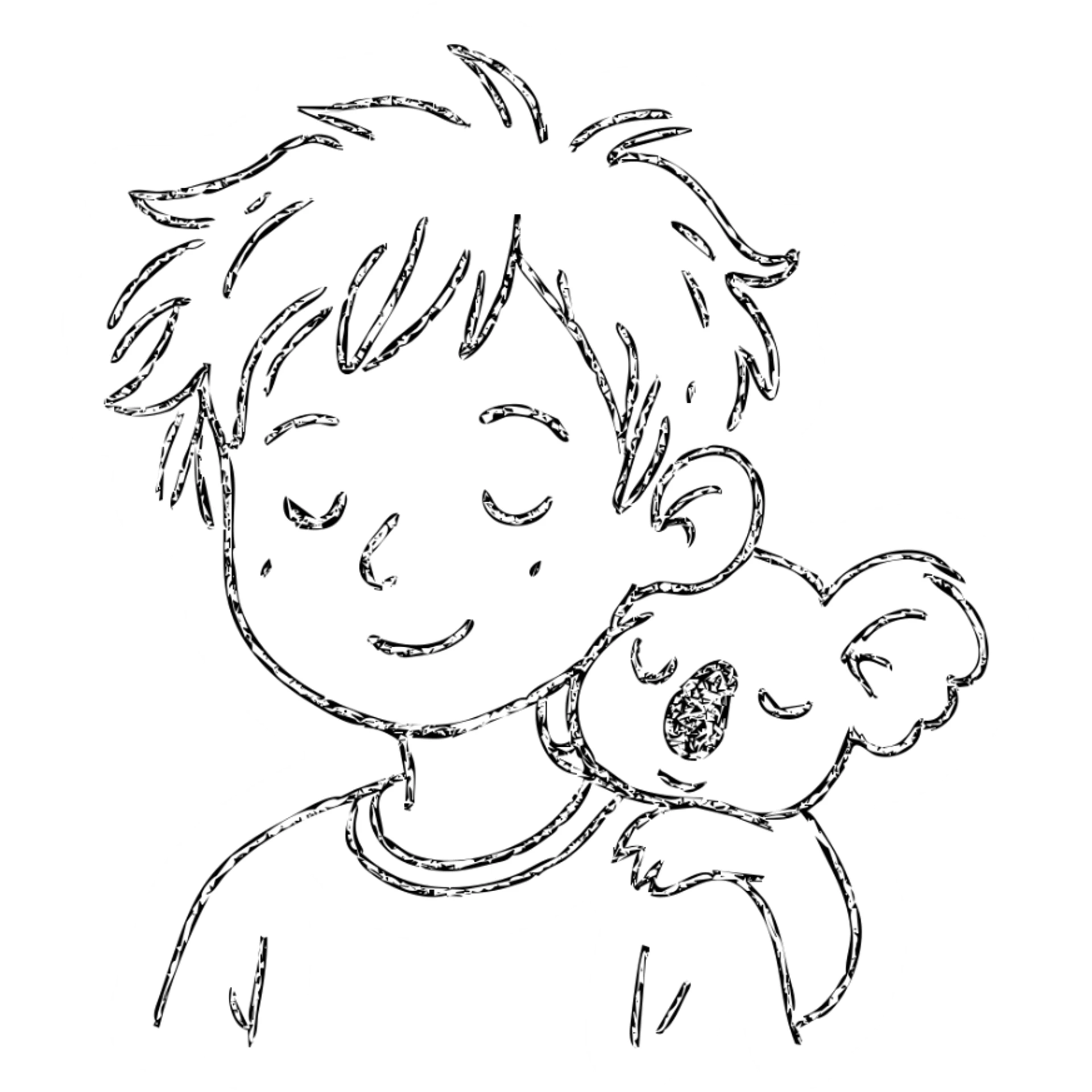 light brown messy haired boy with a tiny sleepy koala on his shoulder, hand drawn outlined icon sticker