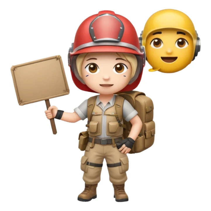 Create a cute emoji-style PUBG Mobile character, chibi version with helmet and backpack, standing in victory pose, holding a blank white sign or paper sheet in both hands in front of chest, ready for text, clean white background, simple emoji design” sticker