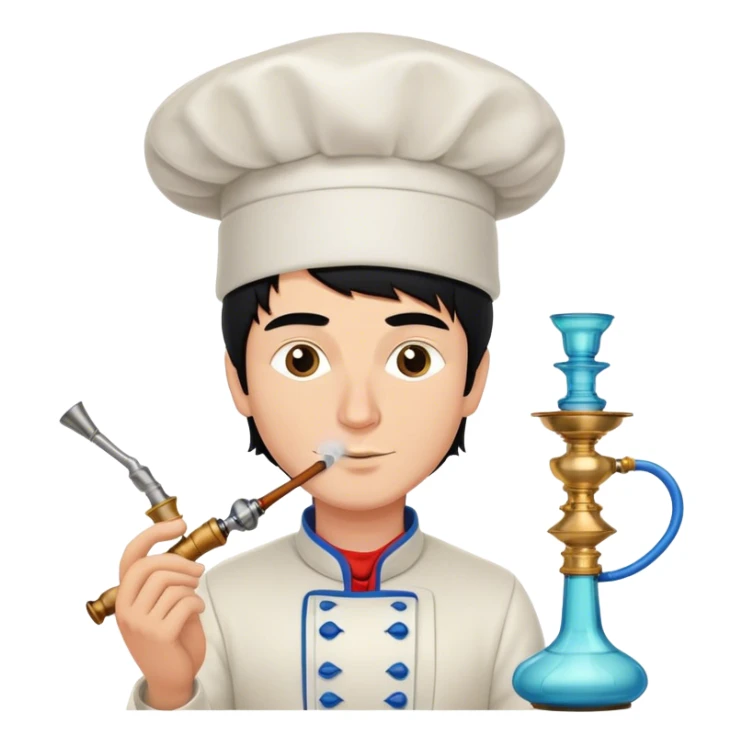 A white guy with black hair and smoking a modern rusian hookah with a Chef's hat sticker
