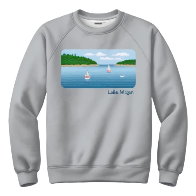 Sweat shirt with embroidered extremely tiny words “Lake Michigan” sticker