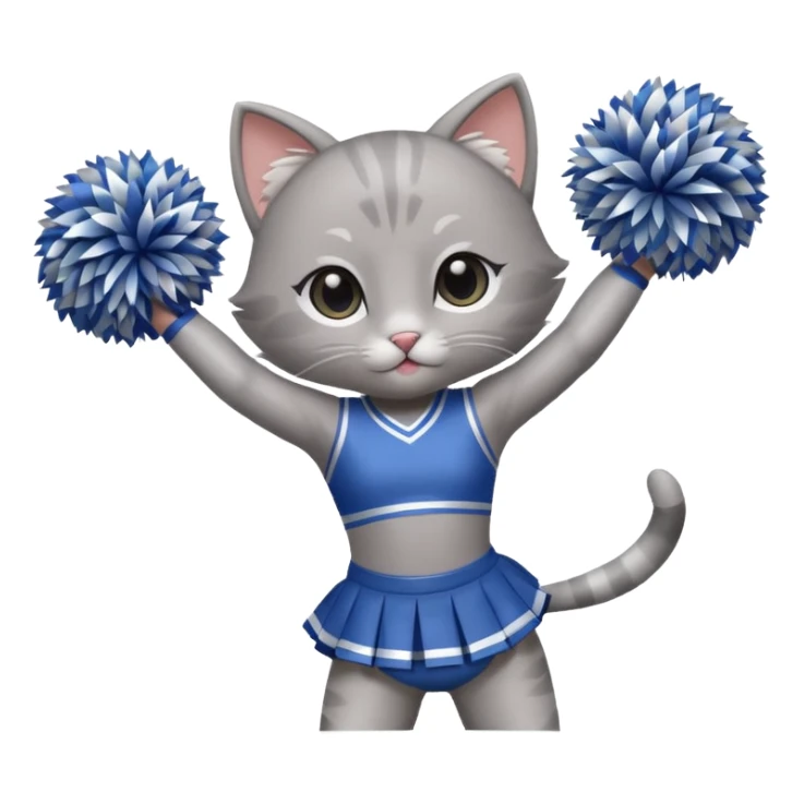 A cute chibi sleek grey cat cheerleader twirling pom-poms with confident energy. sticker