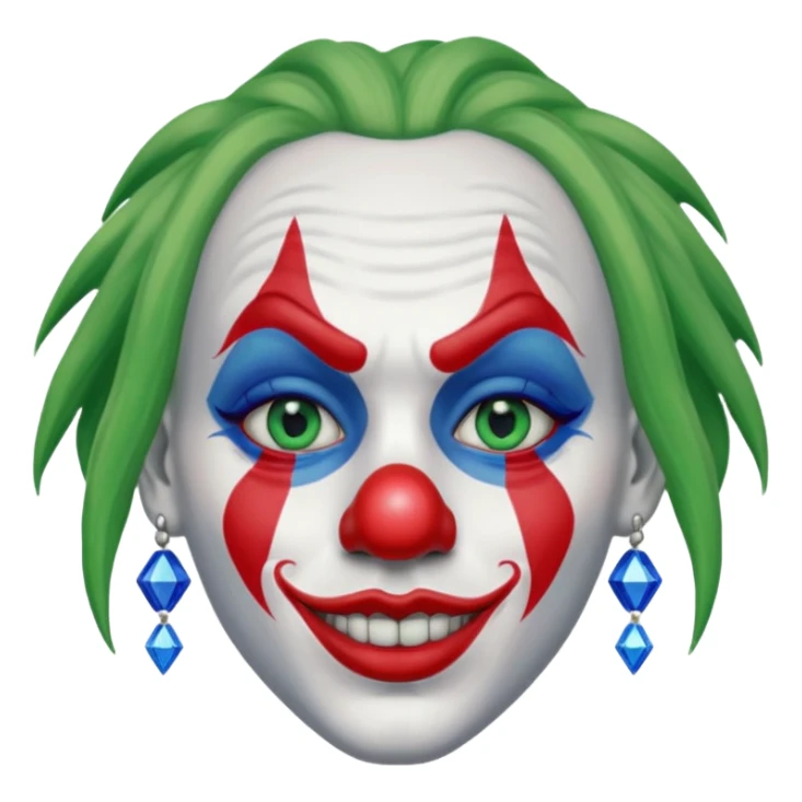 White face clown, with green dreadlocks, red lips, red ball nose, and blue diamond shaped eye paint sticker