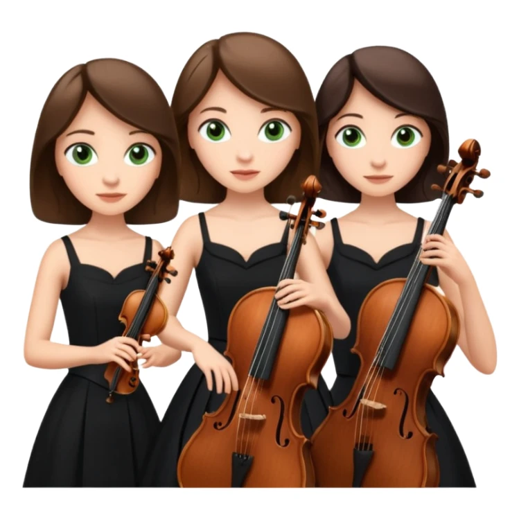 Create an imagine of three brunette women playing string instruments in black dresses, the first is playing a cello with blue eyes, the second is playing a viola with hazel eyes and the third is playing the violin with green eyes sticker