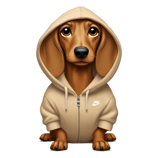 Dachshund wearing a beige hoodie with Nike Logo  sticker