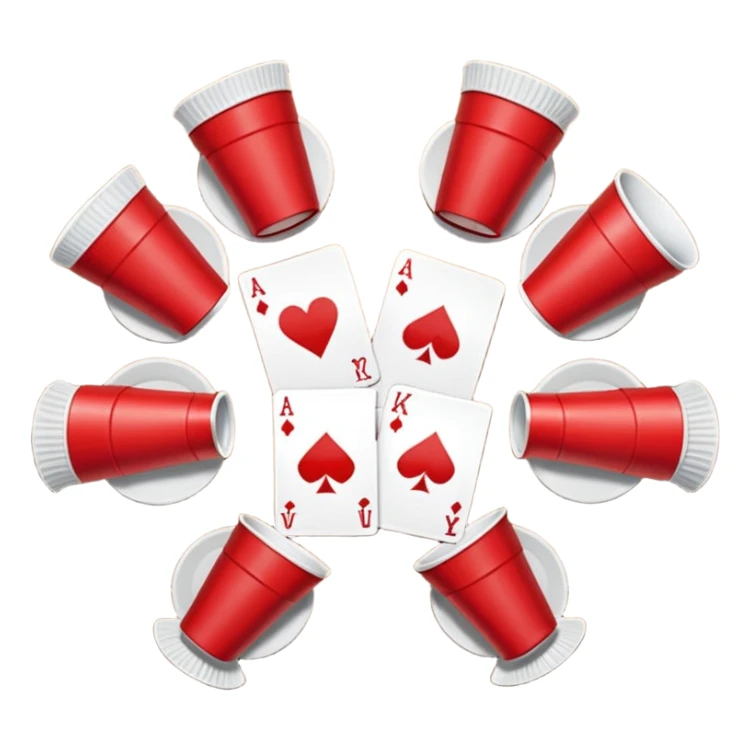 playing cards on a table in a circle around a red solo cup sticker