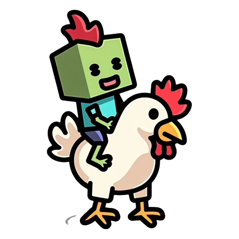 Minecraft chicken jockey - a small pixelated baby zombie riding on top of a white chicken, blocky style sticker