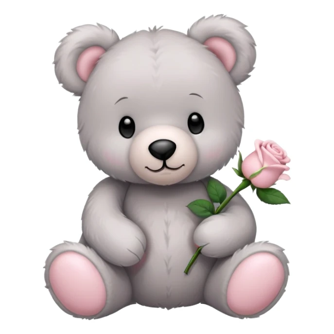 Light grey teddy bear with a pale pink rose on on ear sticker