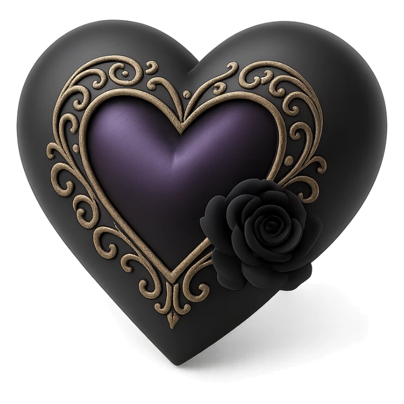 3D black style gothic heart, deep purple satin, silver filigree, black rose accent, elegant and moody sticker