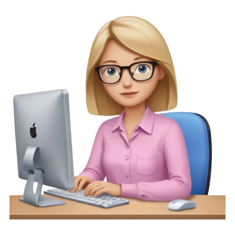 redattrice editoriale. Bionda, capelli lisci biondo scuro, lunghezza media. Occhi blu con occhiali. è al pc a lavorare. Indossa una camicia rosa chiaro sticker